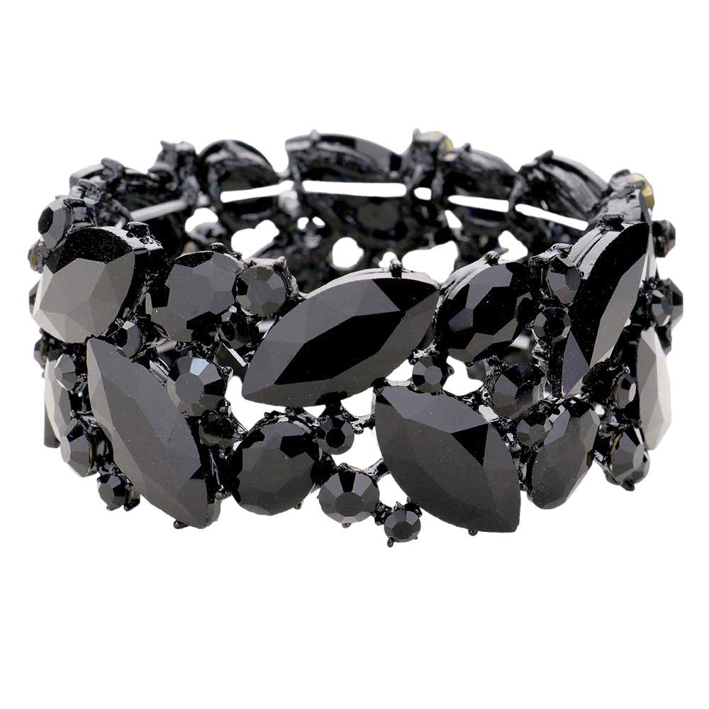 Jet Black AB Gold Marquise Crystal Stretch Evening Bracelet, this Bracelet sparkles all around with it's surrounding round stones, stylish stretch bracelet that is easy to put on, take off and comfortable to wear. Jewelry offers a wide variety for your Party, Prom, Pageant, Wedding, Sweet Sixteen, and other Special Occasions!
