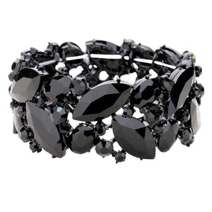 Jet Black AB Gold Marquise Crystal Stretch Evening Bracelet, this Bracelet sparkles all around with it's surrounding round stones, stylish stretch bracelet that is easy to put on, take off and comfortable to wear. Jewelry offers a wide variety for your Party, Prom, Pageant, Wedding, Sweet Sixteen, and other Special Occasions!