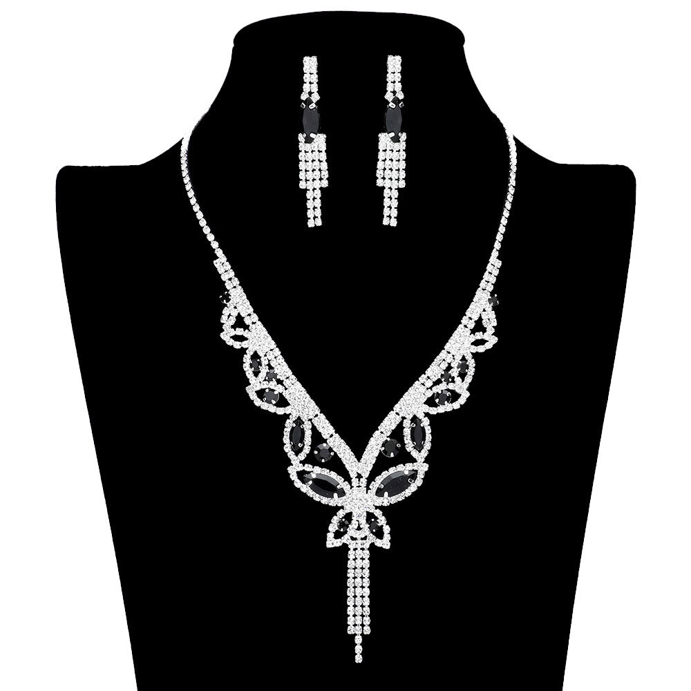 Jet Black Marquise Round Stone Butterfly Rhinestone Jewelry Set, is crafted using marquise stones and delicate rhinestones, perfect for adding some sparkle to your look. The set includes an adjustable necklace, earrings, and bracelet, making it a perfect accessory for any special occasion outfit. Perfect gift idea.