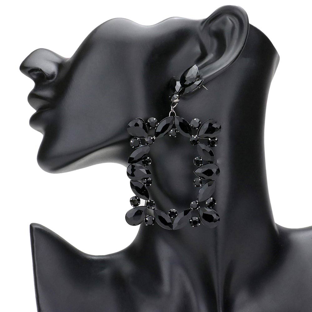 Jet Black Marquise Round Stone Cluster Open Rectangle Dangle Evening Earrings, Elevate any evening look with stunning earrings. Combining timeless elegance with modern style, these earrings feature a cluster of marquise stones set in an open rectangle design for maximum sparkle. Add a special touch to your wardrobe with these.