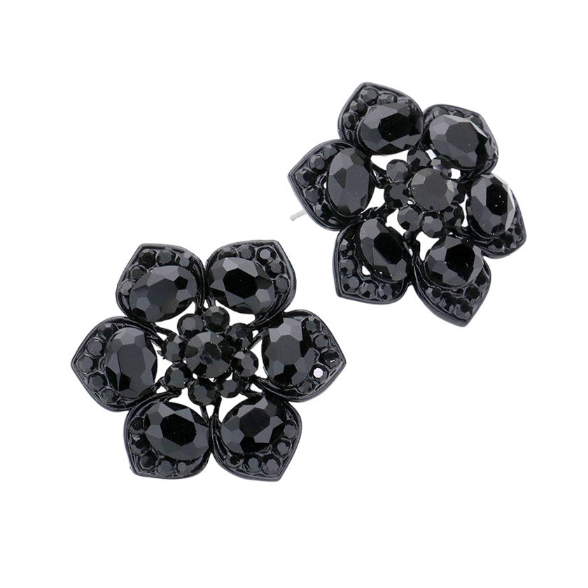 Jet Black Multi Stone Embellished Flower Evening Earrings, looks like the ultimate fashionista with these evening earrings! The perfect sparkling earrings adds a sophisticated & stylish glow to any outfit. Ideal for parties, weddings, graduation, prom, holidays, pair these earrings with any ensemble for a polished look.