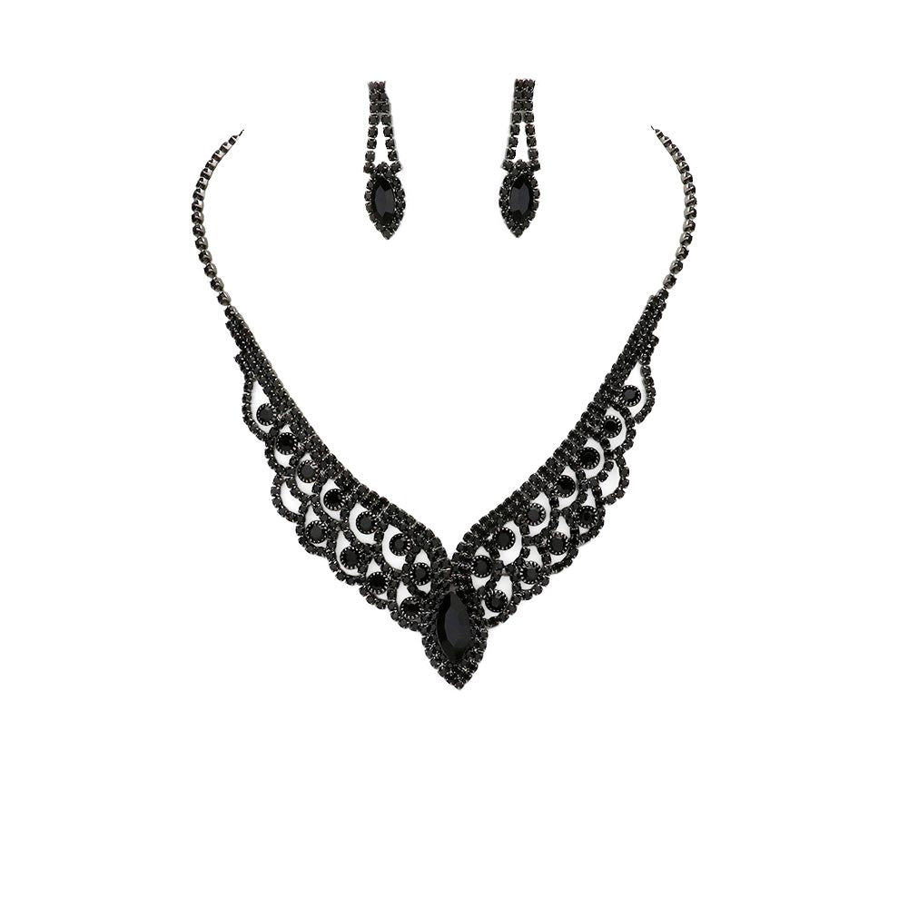 Jet Black Oval Crystal Rhinestone Pave V Collar Necklace, is an exquisite and gorgeous necklace that will surely amp up your beauty and show your perfect class. It adds a gorgeous glow to your outfit on special occasions. Perfect gift for Birthday, Anniversary, Wedding, Bridal Shower, Mother's Day, Graduation, Prom Jewelry, etc.