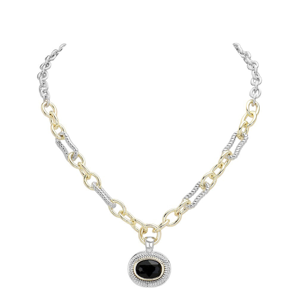 Jet Black Oval Stone Cluster Pendant Two Tone Chunky Chain Necklace is the perfect accessory for any outfit. With its unique design featuring an oval stone cluster pendant and two tone chunky chain, it adds a touch of elegance and sophistication. Made with high-quality materials, this necklace is durable and long-lasting.