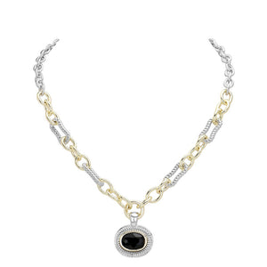 Jet Black Oval Stone Cluster Pendant Two Tone Chunky Chain Necklace is the perfect accessory for any outfit. With its unique design featuring an oval stone cluster pendant and two tone chunky chain, it adds a touch of elegance and sophistication. Made with high-quality materials, this necklace is durable and long-lasting.