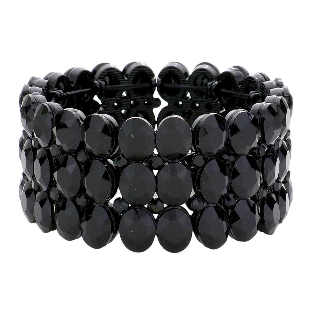 Jet Black Oval Stone Cluster Stretch Evening Bracelet, This beautiful bracelet features an elegant design with 14K rose gold plated accents and center stones for a stunning, eye-catching look. Enjoy the comfort of the elasticized fit and the glamour of special occasions. Perfect for your next formal event or evening out.