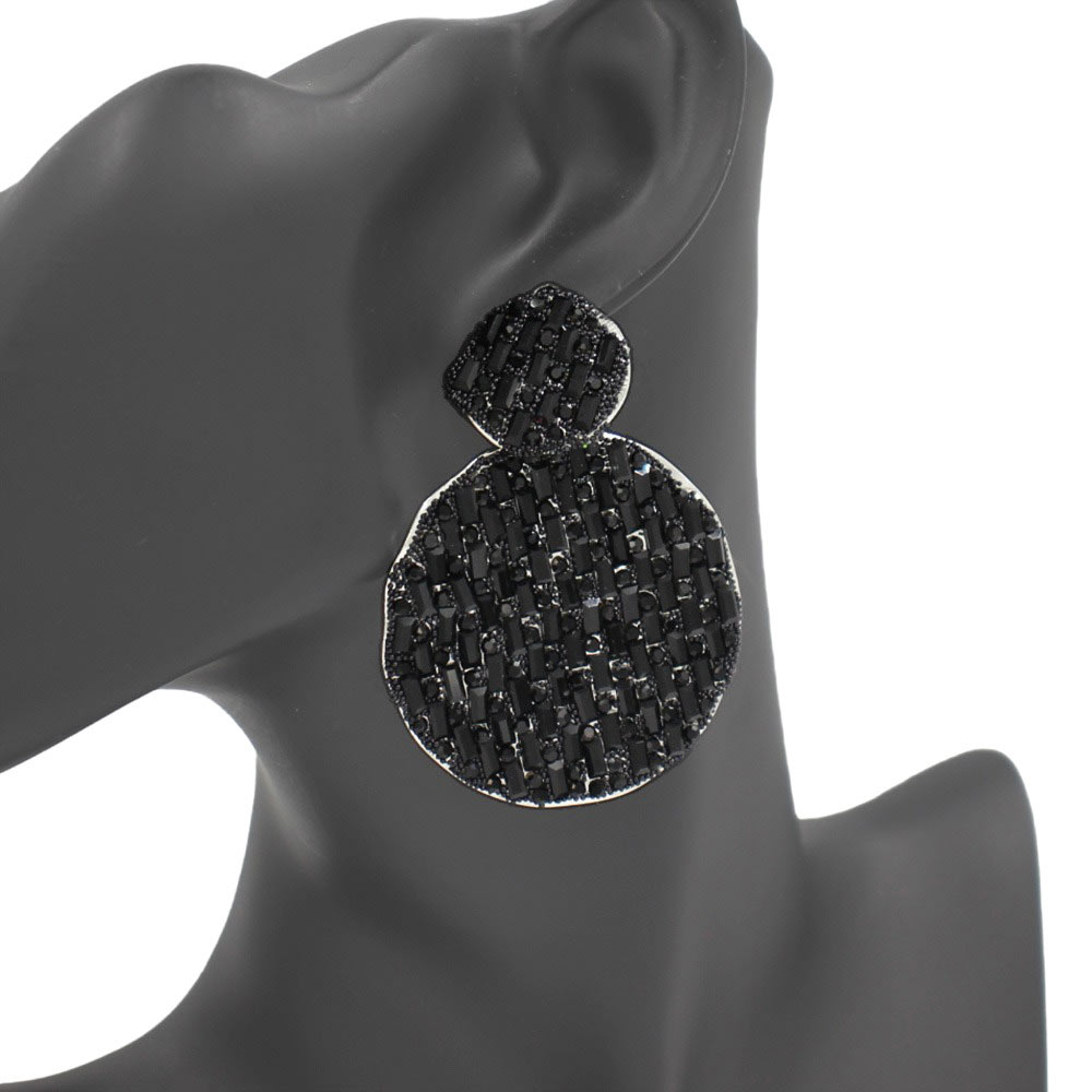 Jet Black Rectangle Stone Accented Disc Linked Earrings, feature a modern and eye-catching design. Rectangular stones are bordered by beginner-friendly disc-shaped links for a beautiful blend of texture and shine. Wear them to add a touch of sparkle to any outfit.