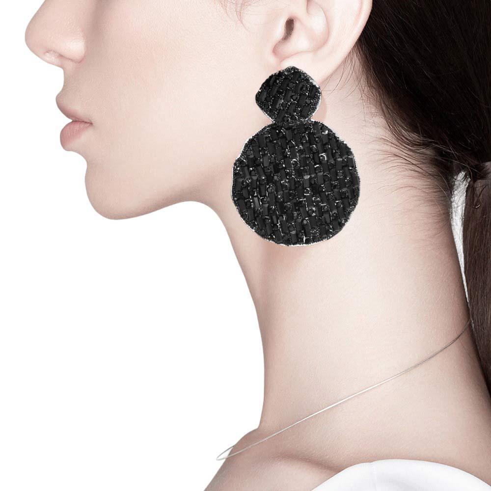 Jet Black Rectangle Stone Accented Disc Linked Earrings, feature a modern and eye-catching design. Rectangular stones are bordered by beginner-friendly disc-shaped links for a beautiful blend of texture and shine. Wear them to add a touch of sparkle to any outfit.