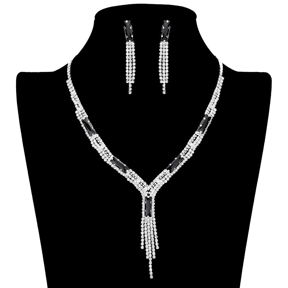 Jet Black Rectangle Stone Accented Rhinestone Fringe Tip Jewelry Set, perfect for adding a touch of elegance to any special occasion outfit. Featuring a beautiful rectangle stone accent, this necklace and earring set will be a unique addition to any jewelry collection. Perfect gift choice for loved ones on any special day.