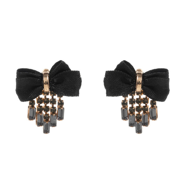 Jet Black Rhinestone Fringe Bow Earrings, Add a touch of glamour to your outfit with these fringe rhinestone earrings. The sparkling rhinestones catch the light for a dazzling effect, while the elegant bow design adds a touch of femininity. Perfect for a special occasion or to elevate your everyday style.