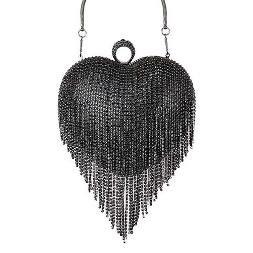 Bolso de mano de noche tipo bandolera con corazón y flecos de diamantes de imitación - Negro azabache