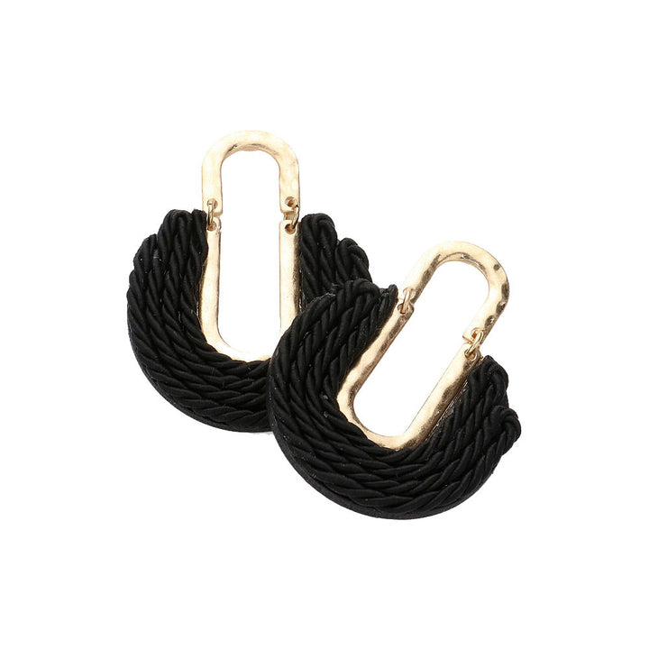 Jet-Black-Rope Embellished Abstract Earrings, Unique and modern design that is sure to elevate any outfit. The intricate rope detailing adds a touch of elegance, while the abstract shape makes a bold statement. Made with high-quality materials, these earrings are lightweight and comfortable for all-day wear. 