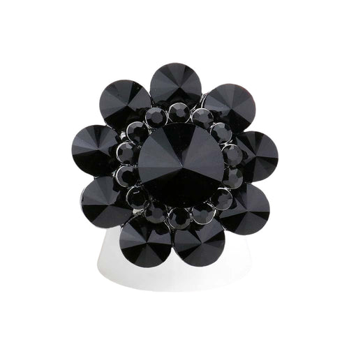 Anillo elástico con flor de cristal redonda - Negro azabache