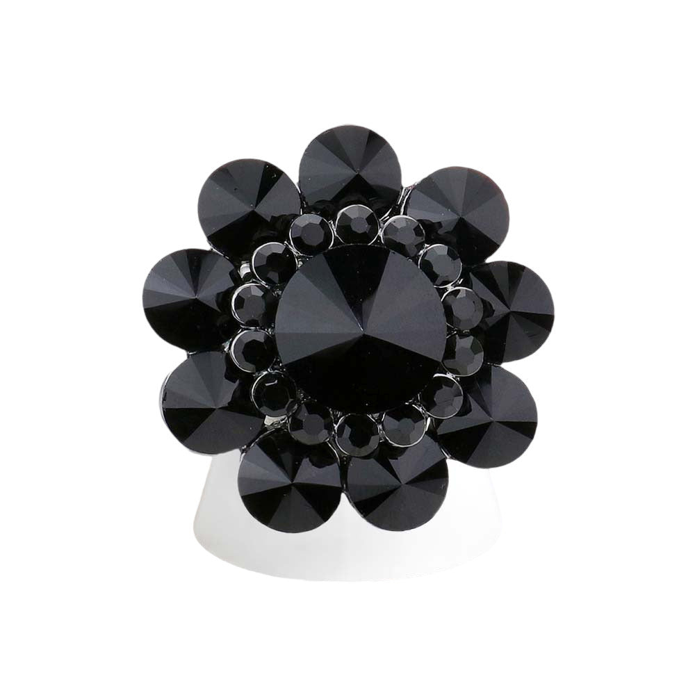 Jet Black Round Crystal Flower Stretch Ring, Provides a classic touch of elegance. Perfect for any special occasion or everyday wear. Perfect gift for Birthdays, Mother's Day, anniversaries, Weddings, Wedding Shower, Graduation, Prom Jewelry, Just Because, Thank you, or any other special occasion.