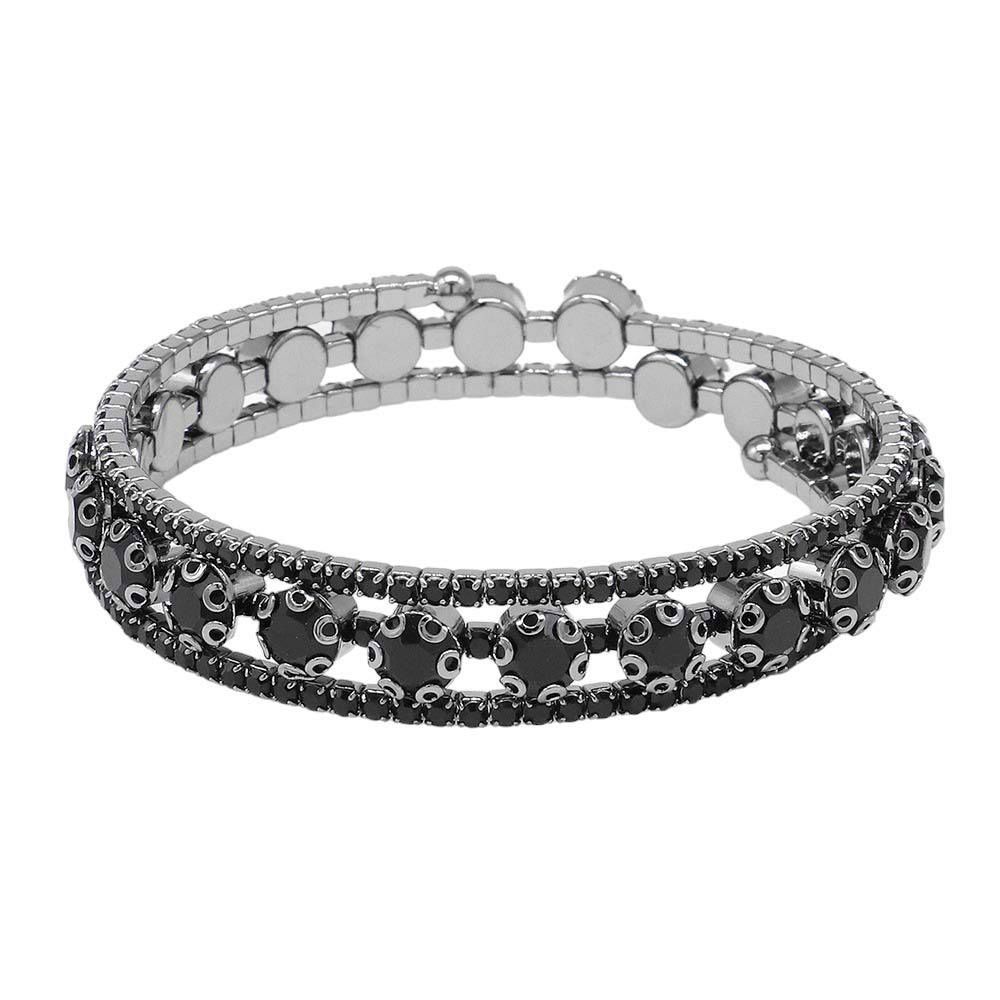 Jet Black Round Stone Pointed Coil Evening Bracelet, is crafted with sophistication. It features a stunning pointed stone with a polished metal finish, making it a unique addition to any collection. Its lightweight design is perfect for any special occasion. An ideal gift for favorite ones on special days or any other day.