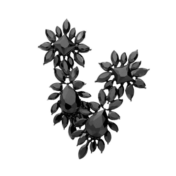 Jet Black Square Teardrop Accented Marquise Stone Cluster Evening Earrings, feature a cluster of marquise-shaped stones, accented with a sparkling square teardrop in the center. These earrings are sure to eye-catching element to any outfit. Awesome gift for birthdays, anniversaries, Valentine’s Day, or any special occasion.