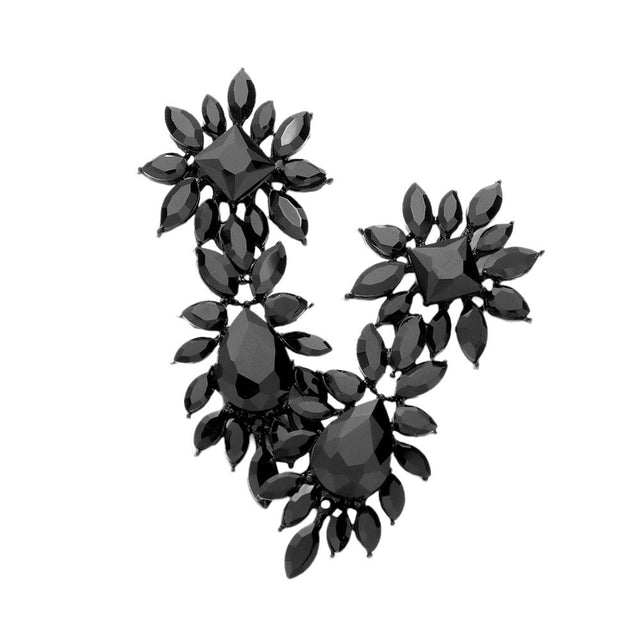 Jet Black Square Teardrop Accented Marquise Stone Cluster Evening Earrings, feature a cluster of marquise-shaped stones, accented with a sparkling square teardrop in the center. These earrings are sure to eye-catching element to any outfit. Awesome gift for birthdays, anniversaries, Valentine‚Äôs Day, or any special occasion.