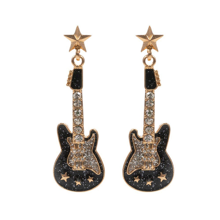 Jet-Black-Stone Embellished Glittered Enamel Guitar Dangle Earrings add a touch of sparkle and charm to any outfit. With their unique design and high-quality materials, these earrings are perfect for music lovers and fashion enthusiasts alike. Elevate your style with these stunning and beautifully crafted earrings.