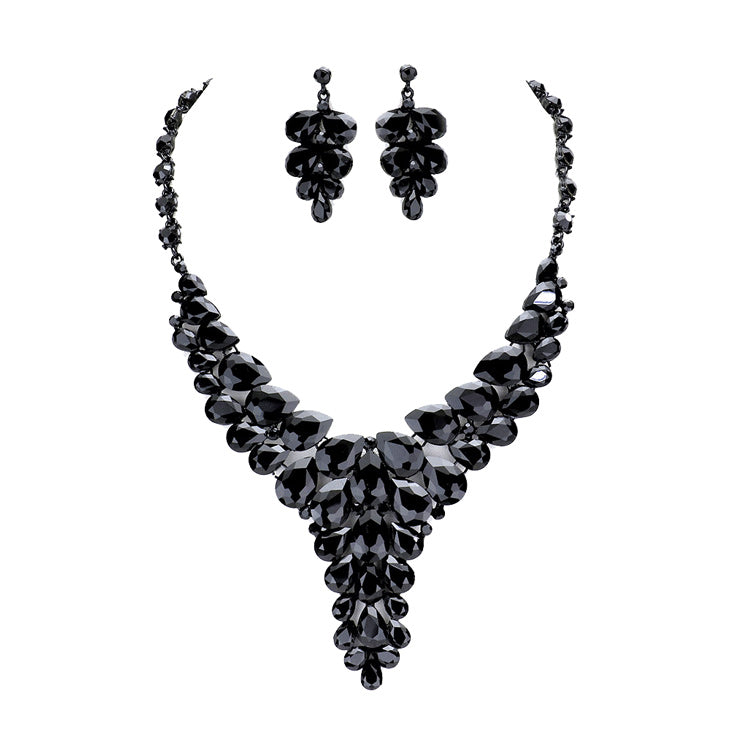 Jet Black Teardrop Stone Cluster Vine Evening Necklace Earring Set, designed to accent the neckline, oversized crystals dangle earrings, which are a perfect way to add sparkle to everything Birthday Gift, Anniversary Gift, Valentine's Day, Christmas, Navidad, Cumpleanos, Mother's Day Gift, Prom, Bridal, Quinceanera, Sweet 16