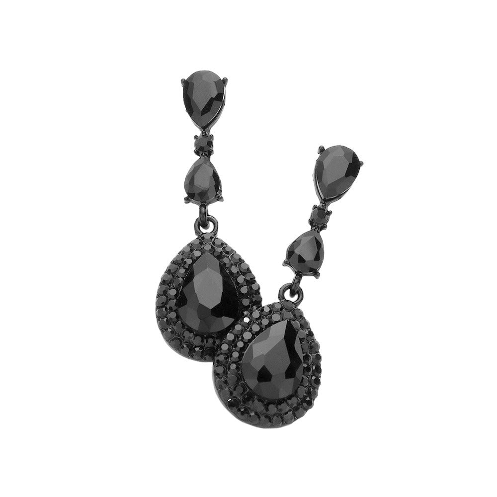 Jet Black Triple Teardrop Stone Link Dangle Evening Earrings, these fine evening earrings supply classic sophistication and beautiful detail with their triple teardrop stone link dangle design. These earrings are sure to eye-catching element to any outfit. Awesome gift for birthdays, anniversaries, wives, friends, and mothers.