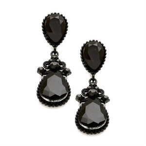 Jet Black Victorian Teardrop Crystal Rhinestone Evening Earrings. Elevate your evening elegance with these Earrings. Crafted with exquisite detail, these timeless accessories sparkle with vintage charm. Perfect for adding a touch of sophistication to any special occasion outfit.