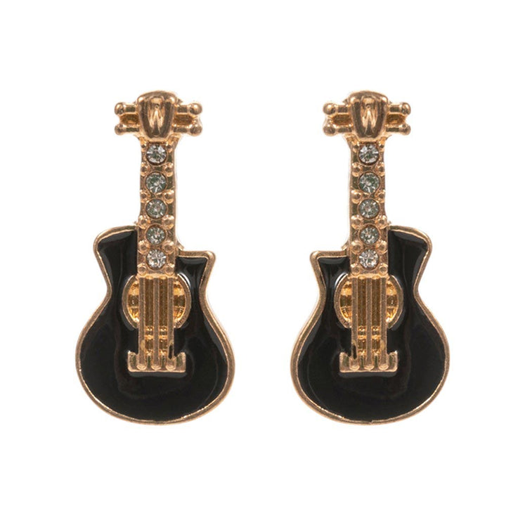 Black-Stone Paved Enamel Guitar Stud Earrings, A stylish and unique addition to any jewelry collection. With a delicate design and expert craftsmanship, these earrings offer a sophisticated touch to any outfit. Made with high-quality materials, they are durable and long-lasting and perfect gift for your friends and lovers
