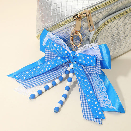 Game Day Theme Triple Layered Bow Bag Charm Keychain Bag Charm - Blue, White