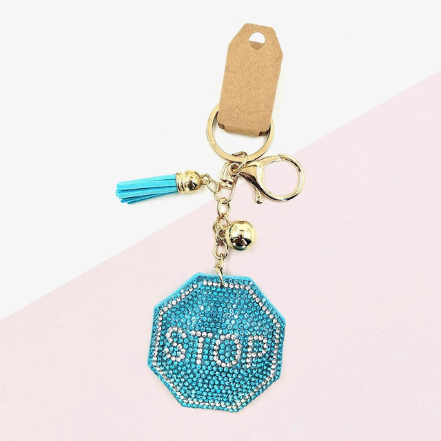 Madeline Love Aqua Bling STOP Message Tassel Keychain - Bags & Wallets
