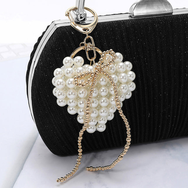 Metal Bubble Bow Pearl Beaded Heart Keychain / Bag Charm - Cream Gold