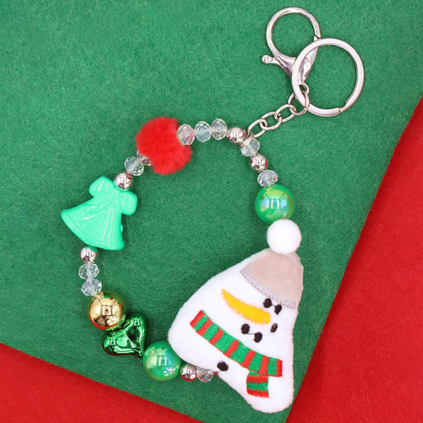 Multi, Snowman Plush Doll Pointed Charm Beaded Stretch Christmas Keychain
