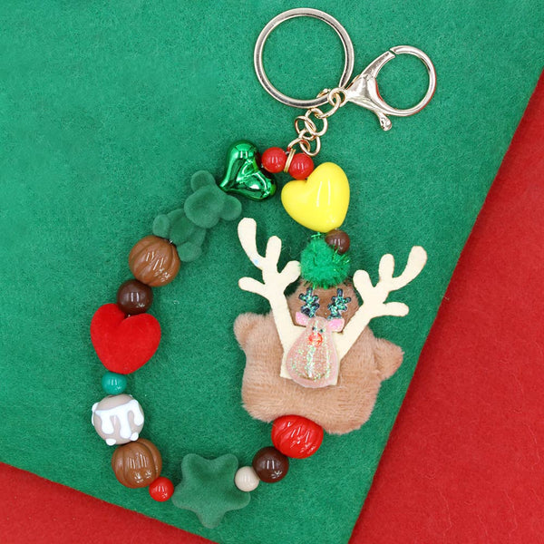 Multi, Rudolph Plush Doll Pointed Charm Beaded Stretch Christmas Keychain
