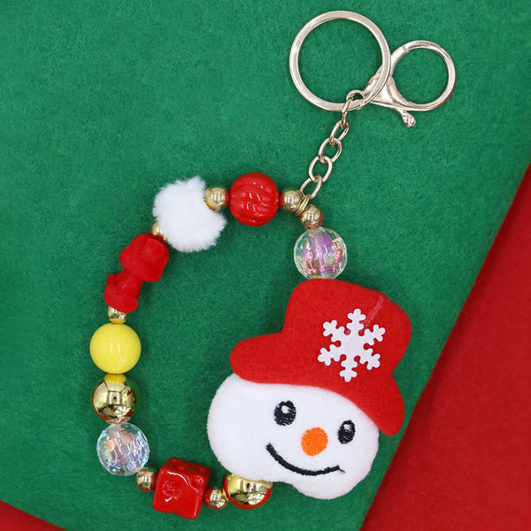 Multi, Snowman Plush Doll Pointed Charm Beaded Stretch Christmas Keychain
