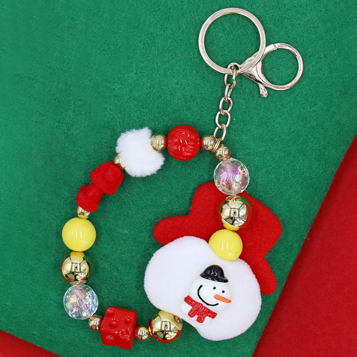 Multi, Snowman Plush Doll Pointed Charm Beaded Stretch Christmas Keychain
