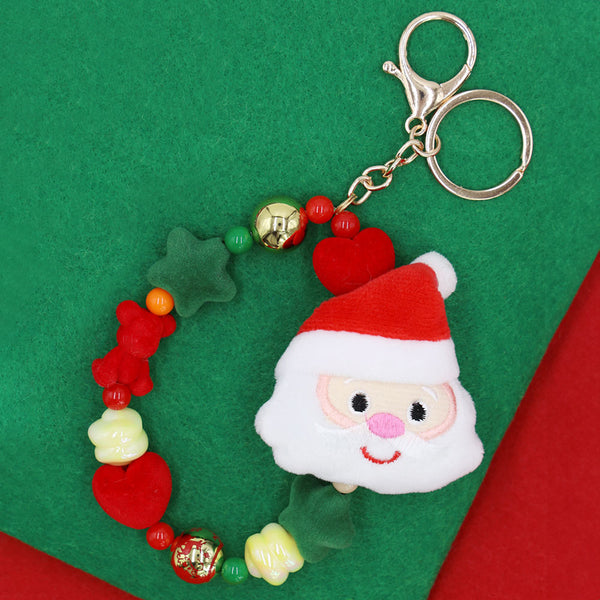 Multi, Santa Plush Doll Pointed Charm Beaded Stretch Christmas Keychain
