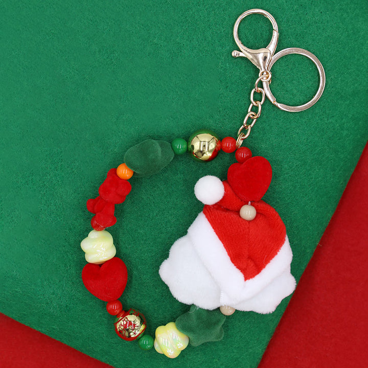 Multi, Santa Plush Doll Pointed Charm Beaded Stretch Christmas Keychain
