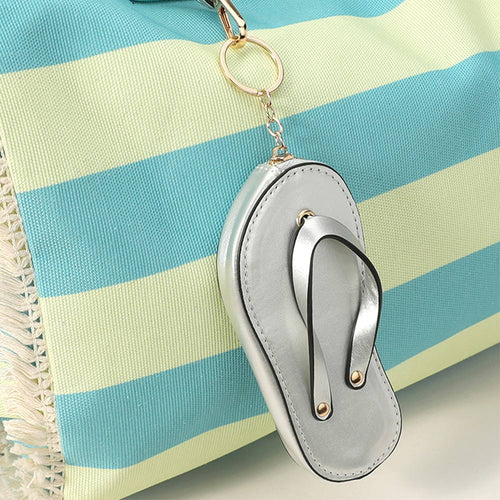 Faux Leather Flip-flop Mini Wristlet Keychain Bag Charm Coin Purse - Silver