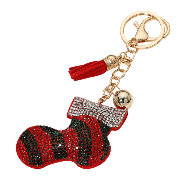 Red, Bling Studded Christmas Socks Keychain / Bag Charm
