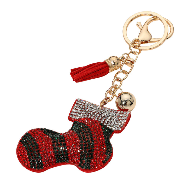 Red, Bling Studded Christmas Socks Keychain / Bag Charm
