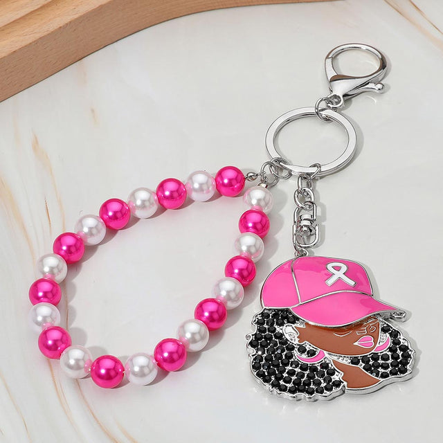 Black Rhinestone Paved Cool Afro Woman in Awareness Pink Ribbon Cap Beaded Wristlet Keychain / Bag Charm