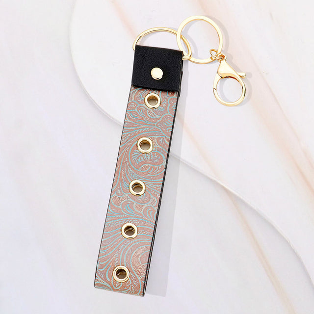 Madeline Love Brown, Gold Floral Leaf Pattern Faux Leather Keychain Bag Charm - Bags & Wallets