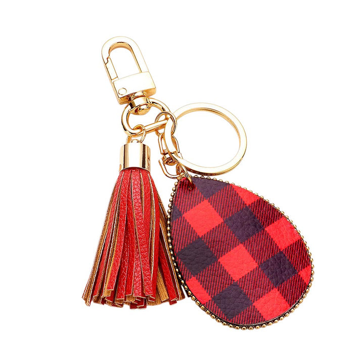 Black Red, Buffalo Check Print Faux Leather Teardrop Tassel Keychain / Bag Charm