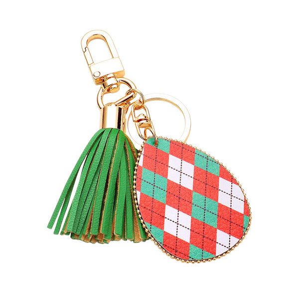 Green, Argyle Check Print Faux Leather Teardrop Tassel Keychain / Bag Charm