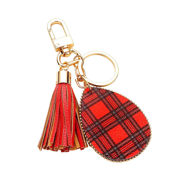 Red, Tartan Check Print Faux Leather Teardrop Tassel Keychain / Bag Charm