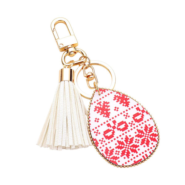 White, Christmas Pattern Print Faux Leather Teardrop Tassel Keychain / Bag Charm