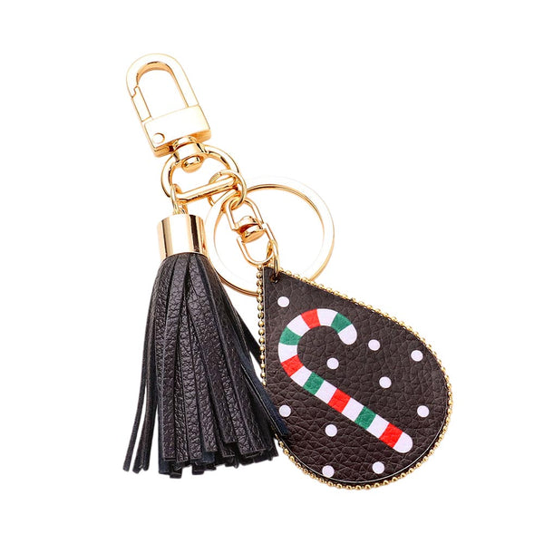 Black, Candy Cane Print Faux Leather Teardrop Tassel Keychain / Bag Charm
