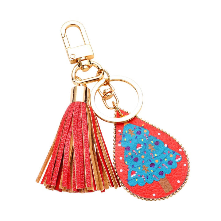 Multi, Christmas Tree Print Faux Leather Teardrop Tassel Keychain / Bag Charm
