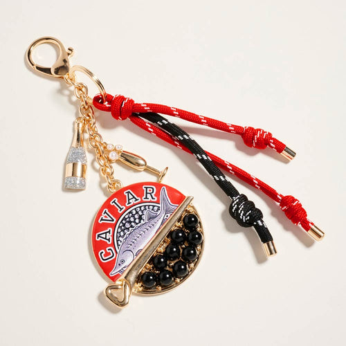Caviar Sardine Champagne Glass Charm Knotted Rope Drop Bag Charm Keychain - Gold, Red