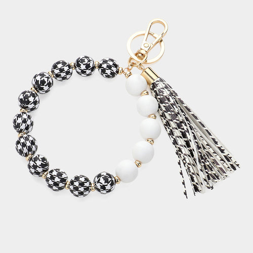 Houndstooth Patterned Beaded Tassel Keychain / Bracelet - Jet Black