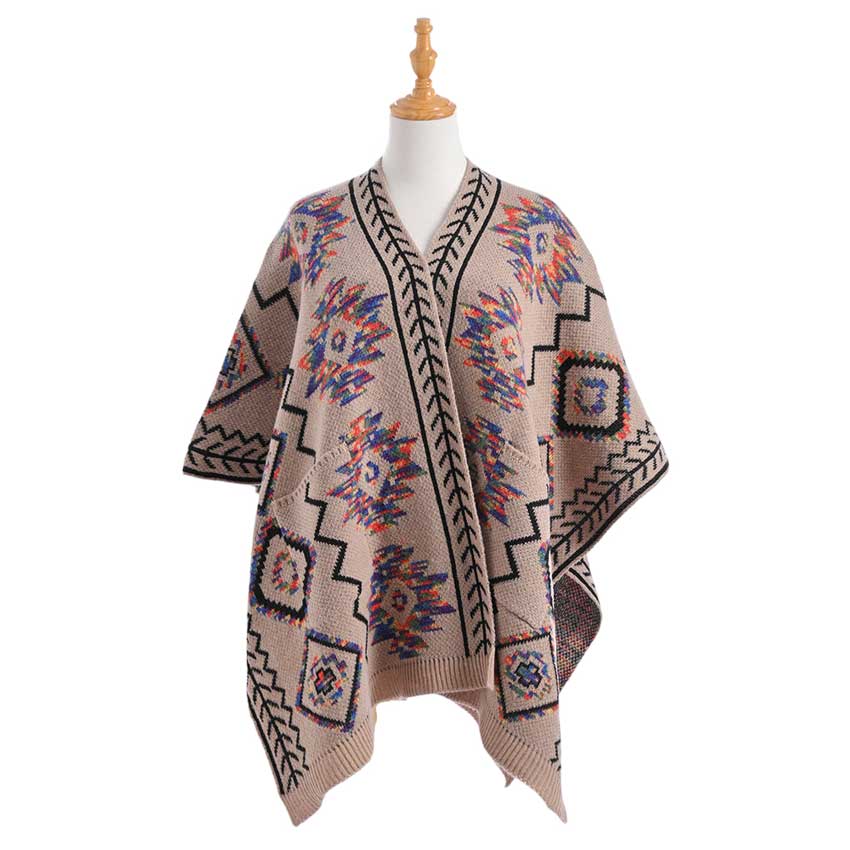 Khaki Beautiful Boho Patterned Front Pockets Poncho, with the latest trend in ladies' outfit cover-up! the high-quality knit poncho is soft, comfortable, and warm but lightweight. It's perfect for your daily, casual, party, evening, vacation, and other special events outfits. A fantastic gift for your friends or family.