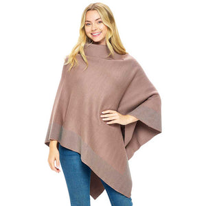 Khaki Bling Border Solid Neck Poncho, with the latest trend in ladies' outfit cover-up! the high-quality knit neck poncho is soft, comfortable, and warm but lightweight. Stay protected from the chilly weather while taking your elegant looks to a whole new level with an eye-catching, luxurious casual outfit for women!