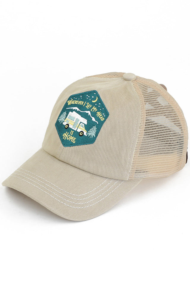 Khaki  C.C WHEREVER I LAY MY HEAD IS HOME PATCH PONY CAP is the perfect accessory for any outdoor adventure. Made with high-quality materials, this cap features a unique "home patch" design, providing comfort and sun protection. This stylish and practical pony cap shows off your love for the great outdoors.